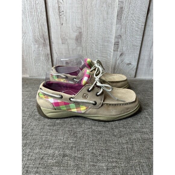 Girls Sperry Top Sider Boat Shoes Size 4M Intrepid Tan Leather Pink Green Plaid - Picture 2 of 7